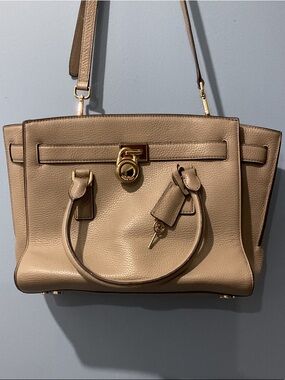 Michael Kors Pebble Leather Satchel in Taupe Beige with Gold Hardware